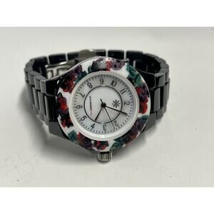 Isaac Mizrahi Live! Ceramic Watch with Floral Printed Bezel Black Small
